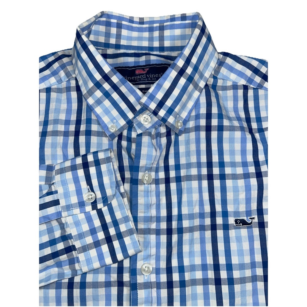 Vineyard Vines Whale Shirt Men Large Gingham Check Blue Plaid Long Sleeve‎